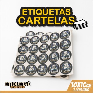 Etiquetas cartelas 1.000 unidades 10x10cm Vinil + impressão eco-solvente 10x10cm   Meio Corte e refile em cartelas 